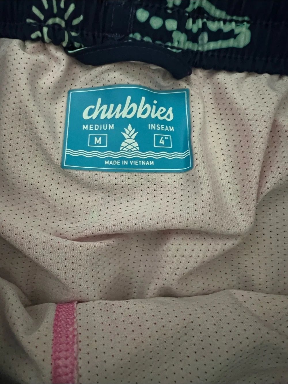 chubbies Navy Swim Trunks with Mint & Pink Alligator Print